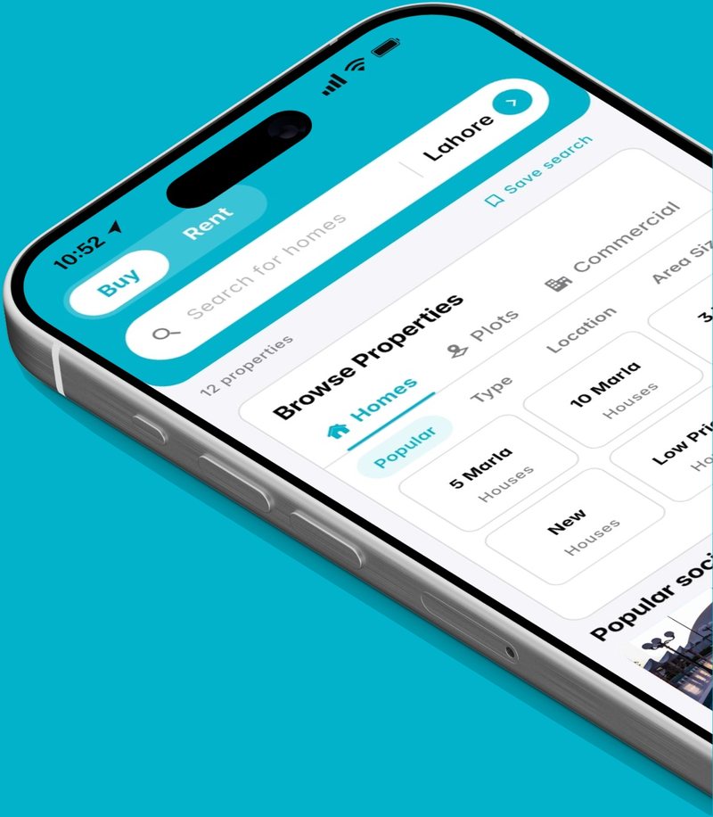 The Kothi app on an iPhone, browsing homes in Lahore